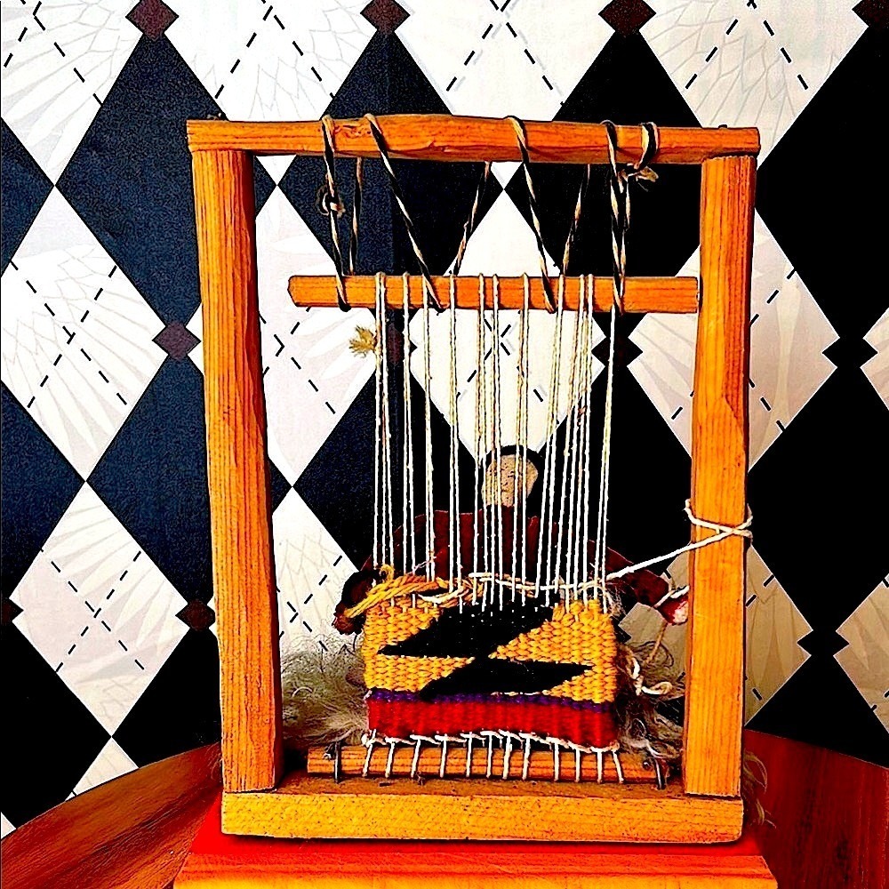 Native American Handcrafted Miniature Loom with Weaving Doll & Baby – Folk Art
